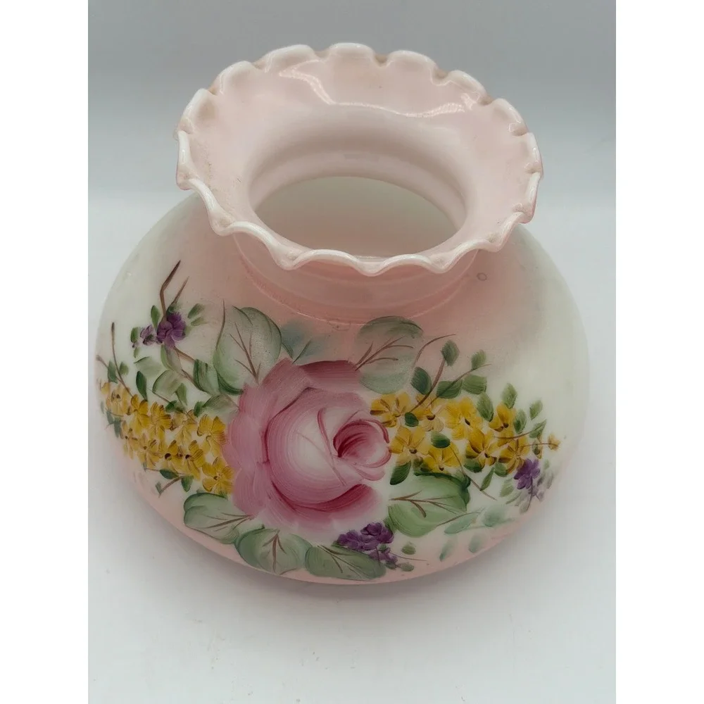 Vintage Pink Satin Glass Gone With The Wind Lamp Shade Hand Painted Rose Ruffled